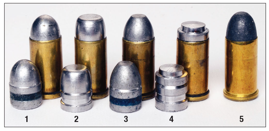 For this project, Mike used these four lead-alloy bullets: (1) Oregon Trail 227-grain roundnose, (2) RCBS 40-180-CM 230-grain roundnose-flatpoint, (3) AA Limited 231-grain roundnose-flatpoint and (4) Redding/SAECO No. 453 234-grain wadcutter with a (5) Remington 230-grain lead-roundnose for comparison.